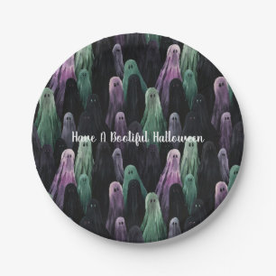 Green Purple Black Ghosts Bootiful Halloween Paper Plate
