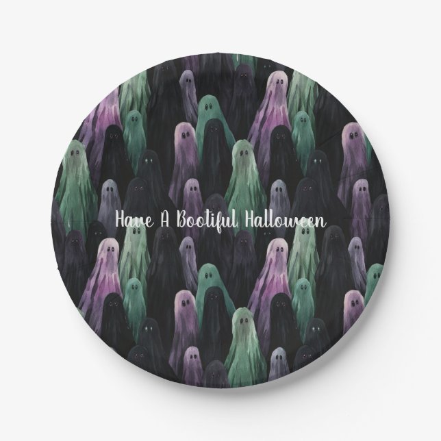 Green Purple Black Ghosts Bootiful Halloween Paper Plate (Front)