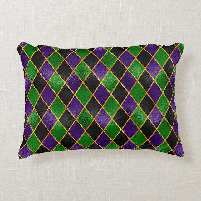 GREEN PURPLE BLACK GOLD DIAMOND PATTERNS ACCENT PILLOW (Front)