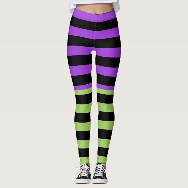 Green Purple & Black Halloween Stripe Leggings (Front)