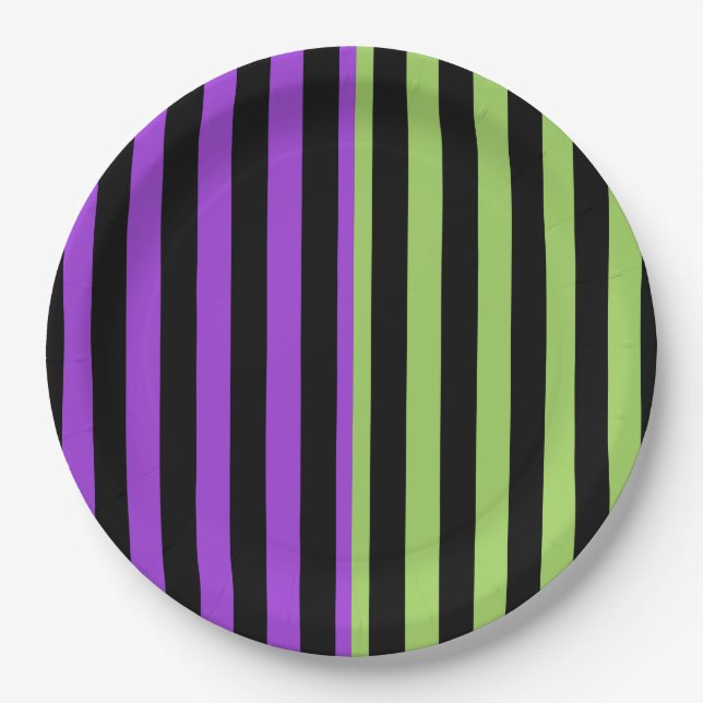 Green Purple & Black Halloween Stripe Party Paper Plate (Front)