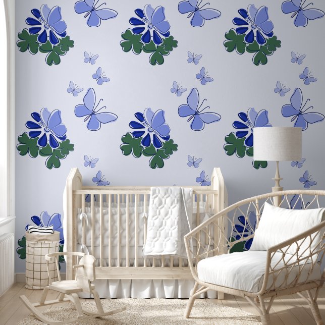 Green Purple Blue Doodle Blooms Butterflies Accent Wallpaper (Kids)