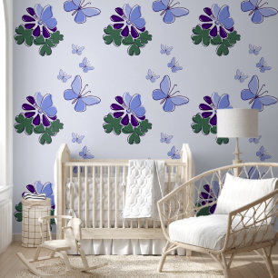 Green Purple Blue Doodle Flower Butterflies Accent Wallpaper