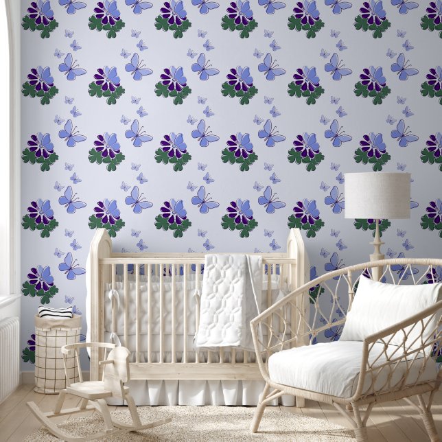 Green Purple Blue Doodle Flower Butterflies Accent Wallpaper (Kids)
