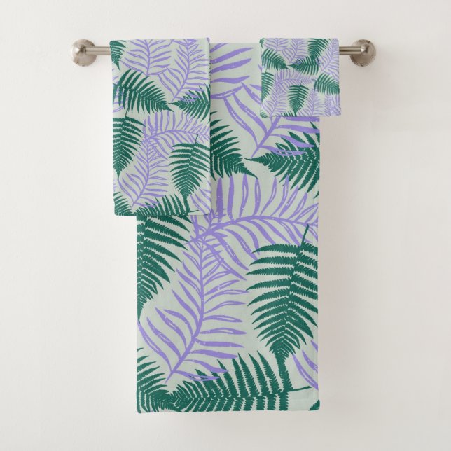 Green Purple Fern Leaves Retro 70s Flower Pattern Bath Towel Set (Insitu)