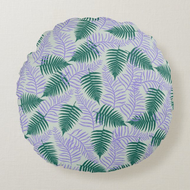 Green Purple Fern Leaves Retro 70s Flower Pattern Round Pillow (Front)