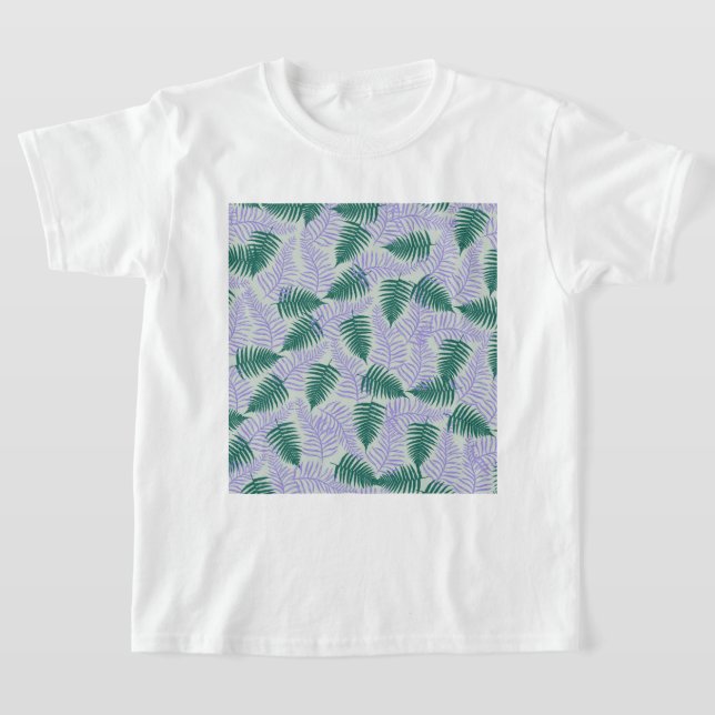Green Purple Fern Leaves Retro 70s Flower Pattern T-Shirt (Laydown)