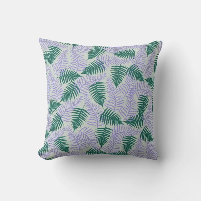 Green Purple Fern Leaves Retro 70s Flower Pattern Throw Pillow (Front)