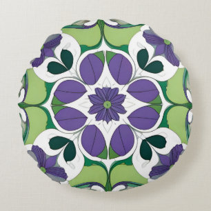 Green Purple Floral Medallion Botanical Geometric Round Pillow