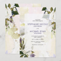 Green Purple Floral Oil on Canvas Wedding Invite