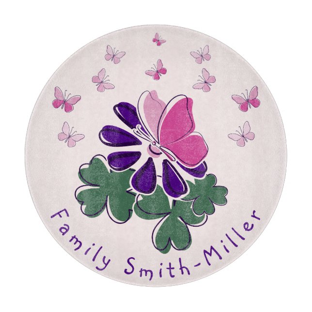 Green Purple Flower Pink Butterfly Doodle Glass Cutting Board (Front)