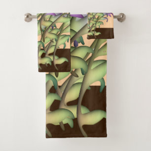 Green + Purple Foliage Peach Bath Towel Set