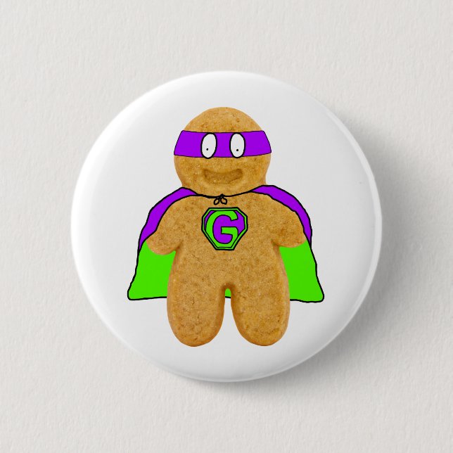 green/purple gingerbread man super hero badge 2 inch round button (Front)