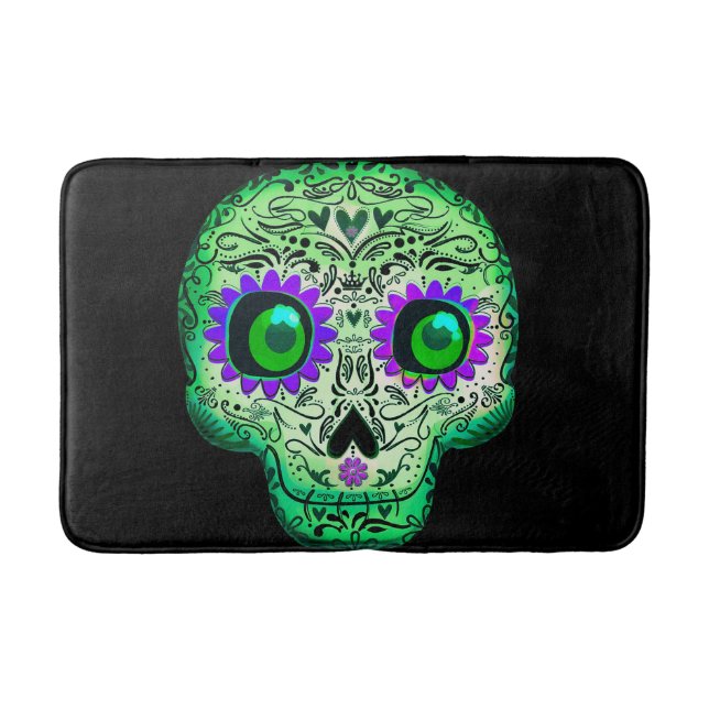Green & Purple Glowing Sugar Skull Black Halloween Bath Mat (Front)