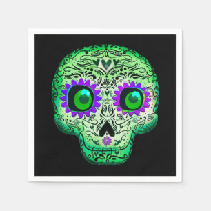 Green & Purple Glowing Sugar Skull Black Halloween Napkin