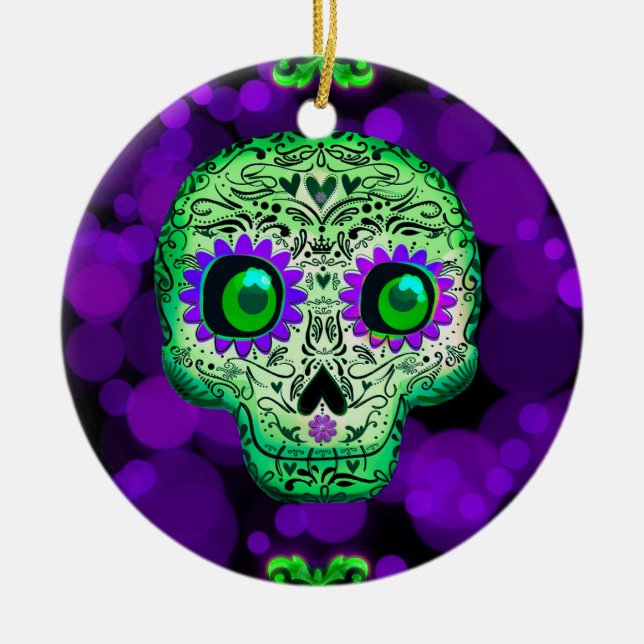 Green & Purple Glowing Sugar Skull Halloween Ceramic Ornament (Front)