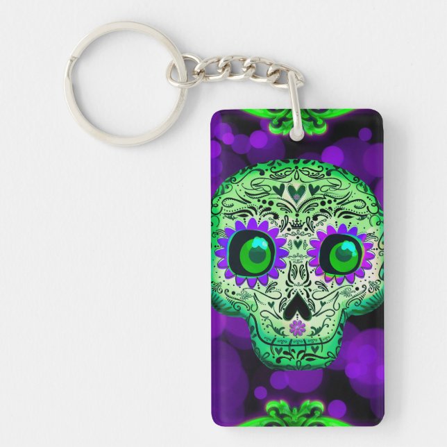 Green & Purple Glowing Sugar Skull Halloween Keychain (Front)