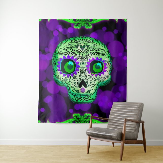 Green & Purple Glowing Sugar Skull Halloween Tapestry (In Situ)