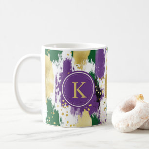 Green Purple Gold Brushstrokes Pattern Monogram Coffee Mug