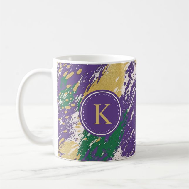 Green Purple Gold Brushstrokes  Pattern Monogram Coffee Mug (Left)