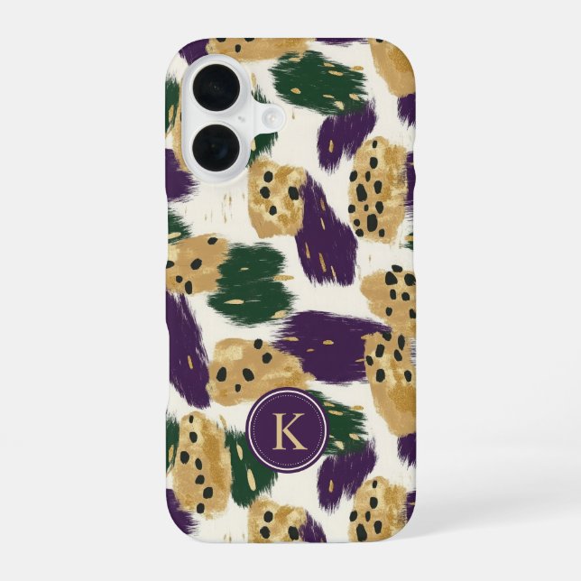 Green Purple Gold Brushstrokes  Pattern Monogram iPhone 16 Case (Back)