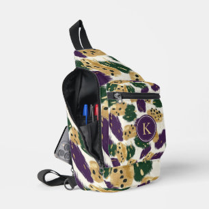 Green Purple Gold Brushstrokes Pattern Monogram Sling Bag