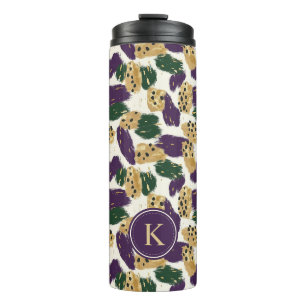 Green Purple Gold Brushstrokes  Pattern Monogram Thermal Tumbler