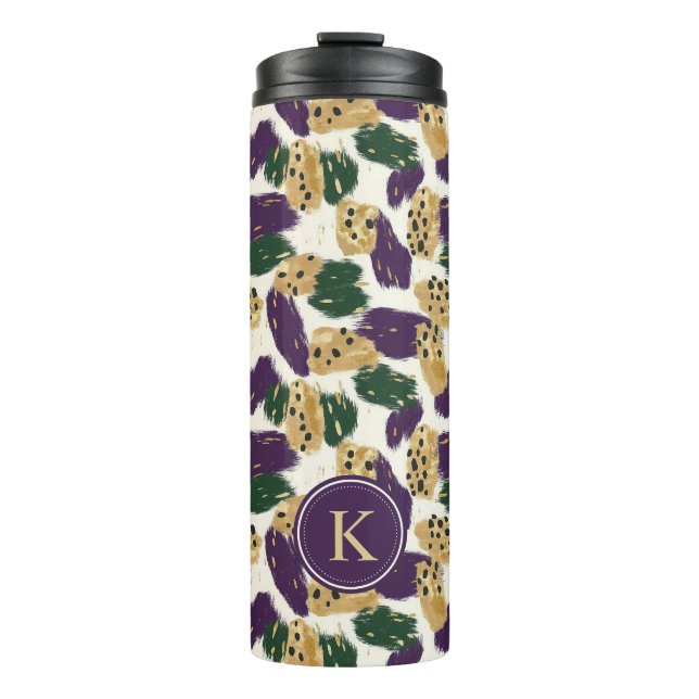Green Purple Gold Brushstrokes  Pattern Monogram Thermal Tumbler (Front)