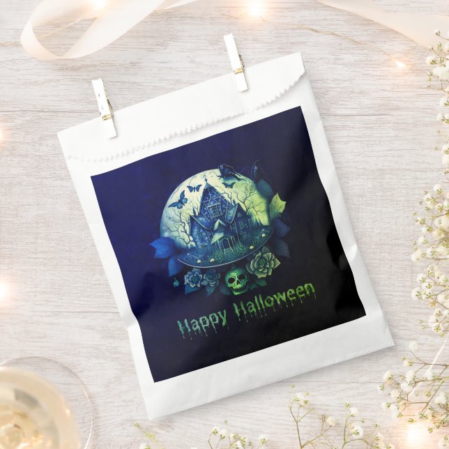 Green Purple Gothic Haunted House Happy Halloween Favour Bag (Clipped)