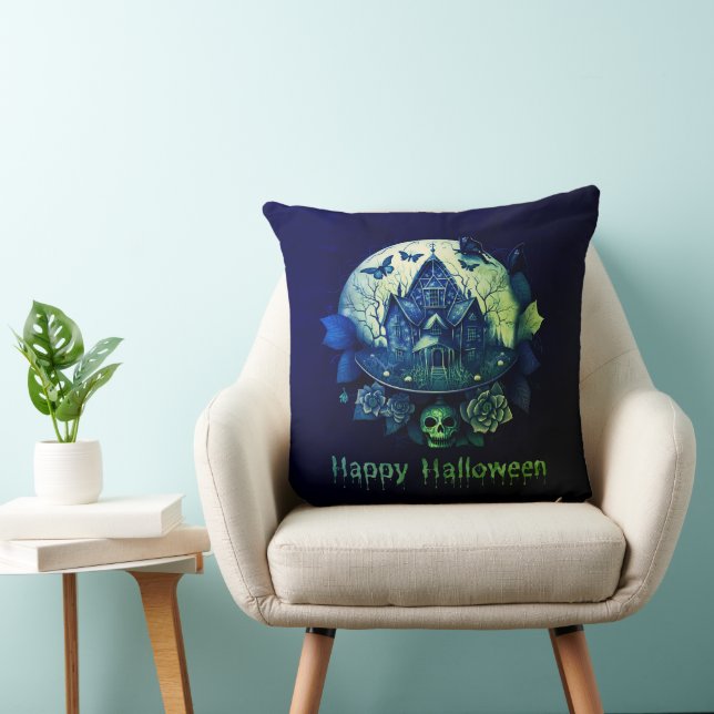 Green Purple Gothic Haunted House Happy Halloween Throw Pillow (Chair)