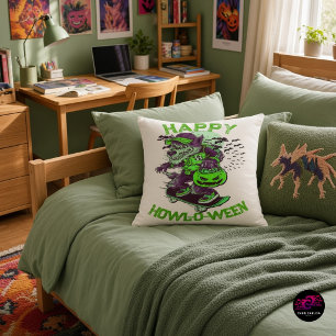 Green Purple Happy Howl-o-ween Wolf Skateboarding Throw Pillow