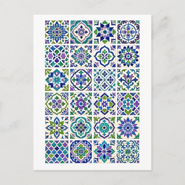 Green & Purple Moroccan Tile Collage Illustration Postcard (Front)