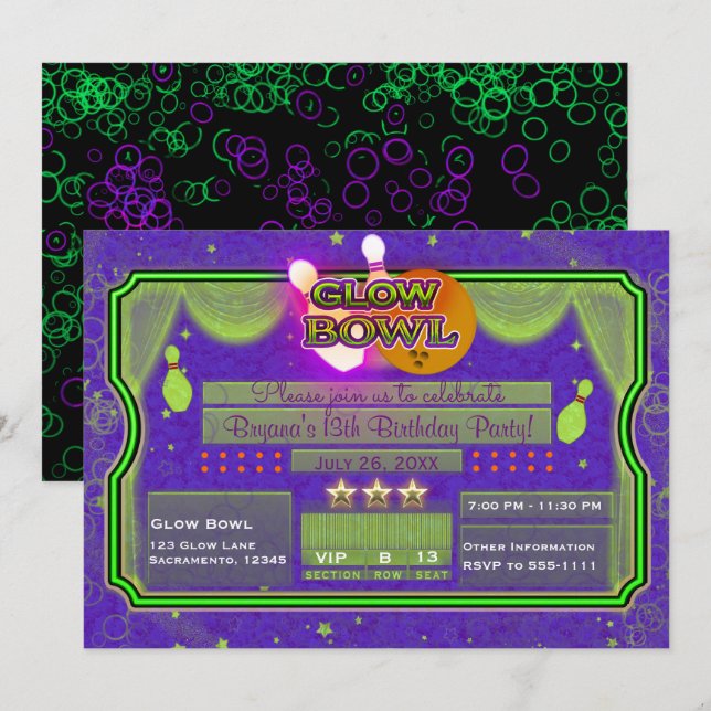 Green & Purple Neon Colour GLOW BOWL Birthday Part Invitation (Front/Back)