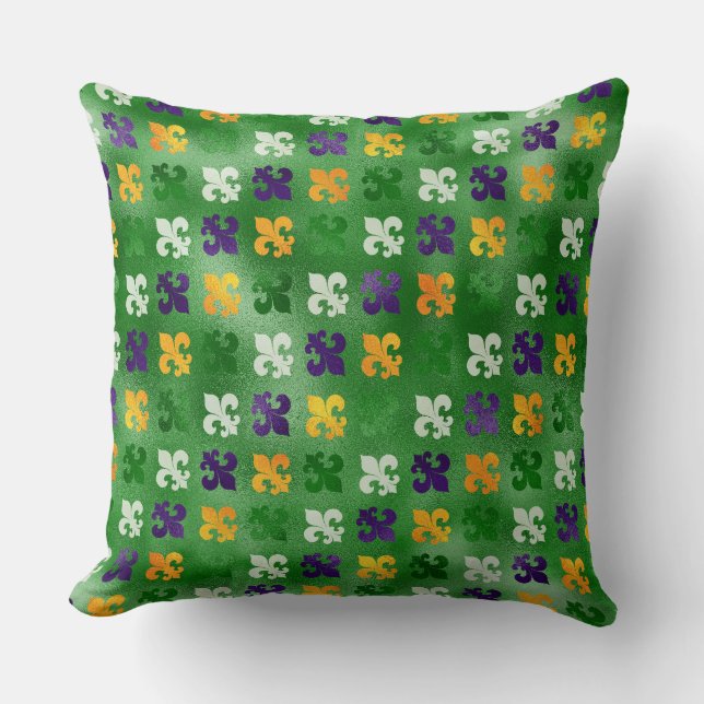 GREEN PURPLE ORANGE MARDI GRAS FLEUR DI LIS  THROW PILLOW (Front)