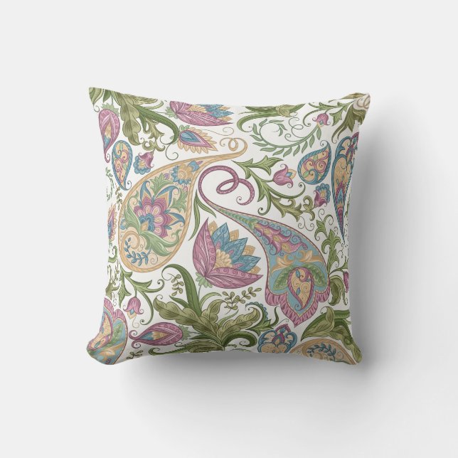Green & Purple Paisley Floral Throw Pillow (Front)