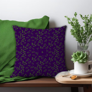 Green purple pattern leaves monogram throw pillow