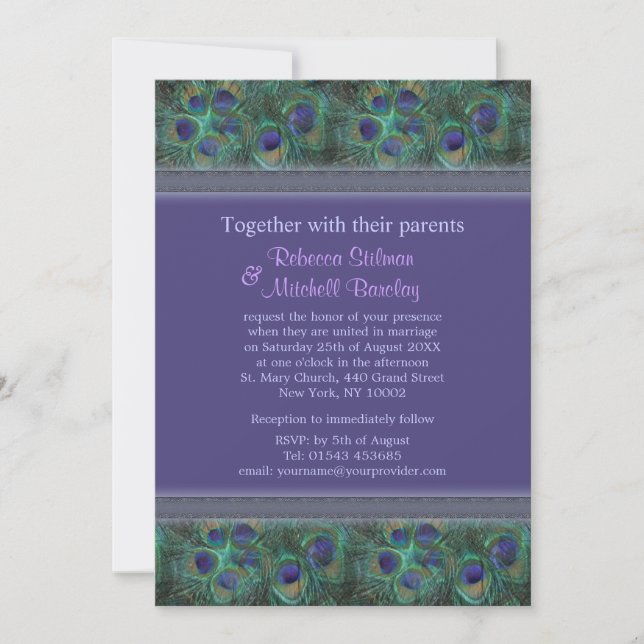 Green purple Peacock feathers Wedding  Invitation (Front)