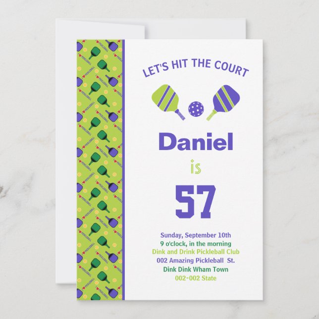 Green + purple Pickleball Birthday party + RSVP In Invitation (Front)