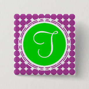 Green & Purple Polka Dot Monogram 2 Inch Square Button