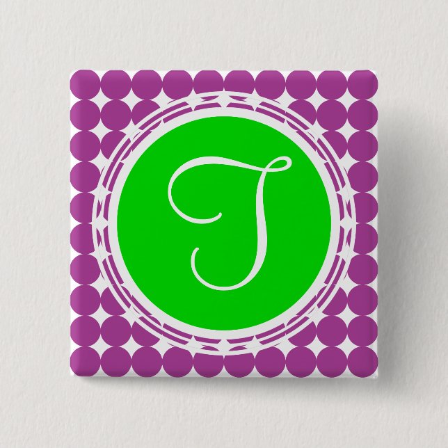 Green & Purple Polka Dot Monogram 2 Inch Square Button (Front)