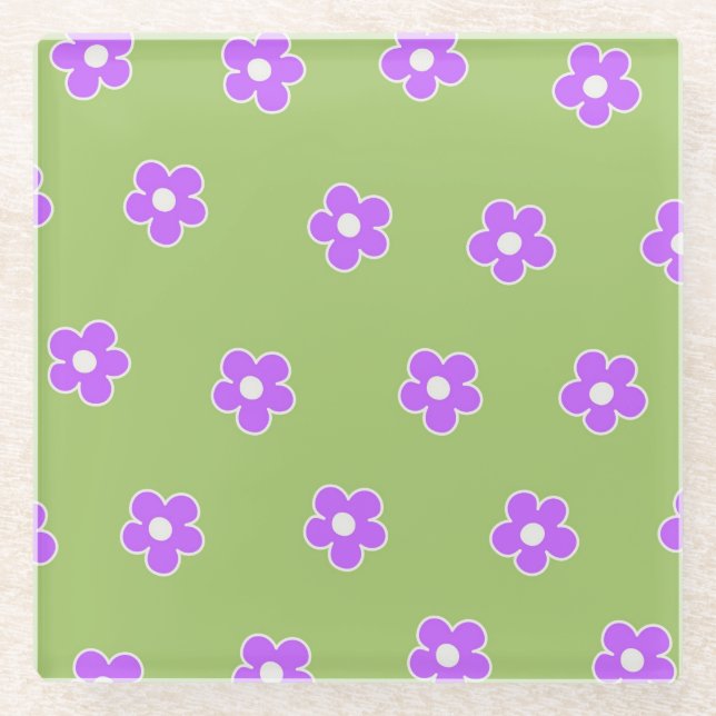 Green Purple Retro Y2K Flower Pattern Glass Coaster (Front)