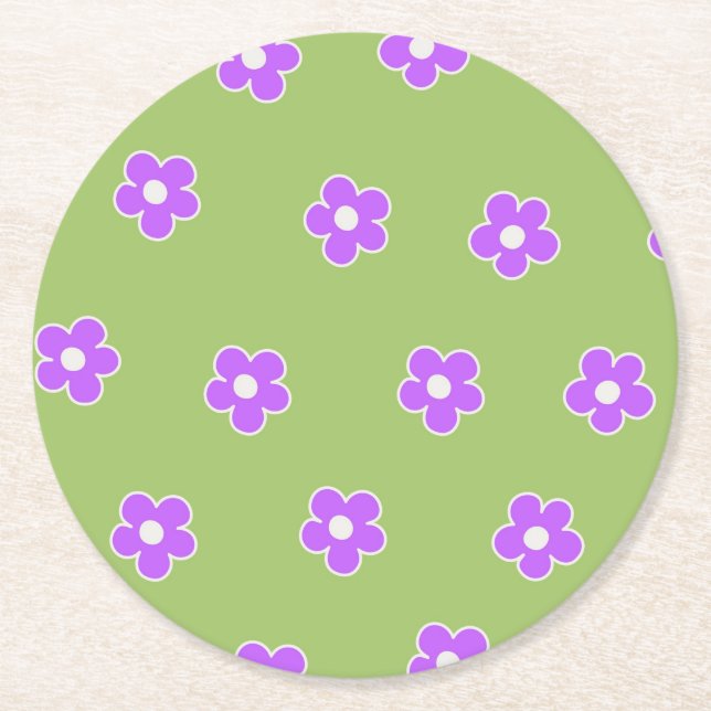 Green Purple Retro Y2K Flower Pattern Round Paper Coaster (Front)