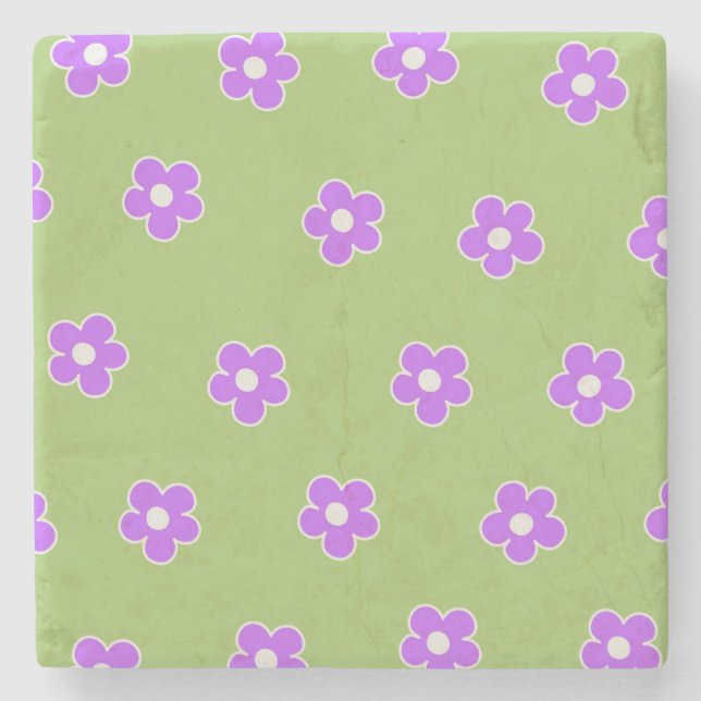 Green Purple Retro Y2K Flower Pattern Stone Coaster (Front)