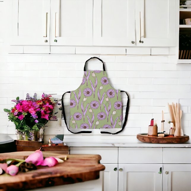Green Purple Retro Y2K Funky Hippie Flower Pattern Apron (Creator Uploaded)