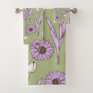 Green Purple Retro Y2K Funky Hippie Flower Pattern Bath Towel Set