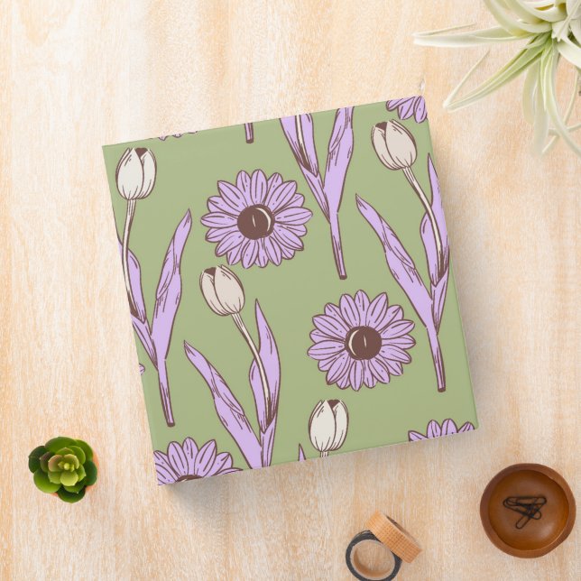 Green Purple Retro Y2K Funky Hippie Flower Pattern Binder (In Situ)