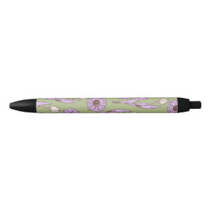 Green Purple Retro Y2K Funky Hippie Flower Pattern Black Ink Pen