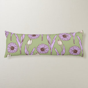 Green Purple Retro Y2K Funky Hippie Flower Pattern Body Pillow