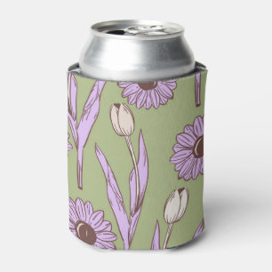Green Purple Retro Y2K Funky Hippie Flower Pattern Can Cooler