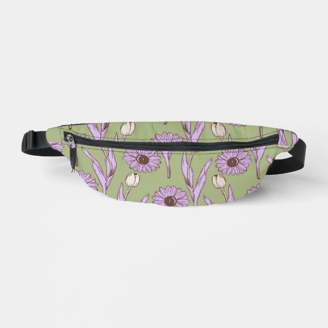 Green Purple Retro Y2K Funky Hippie Flower Pattern Fanny Pack (Front)